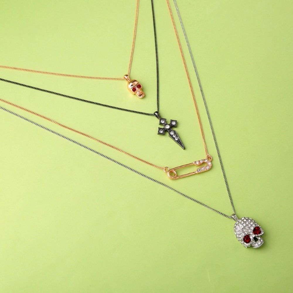 Layered Skull Safety Pin Cross Rose Gold Gun Metal Silver Necklace NWT - Picture 5 of 8